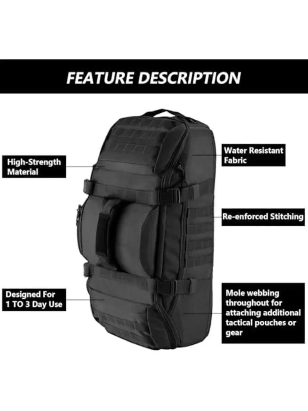 Large 65L Tactical Duffle Bag & Backpack, 3-in-1 MOLLE Pack for Gym & Outdoors
